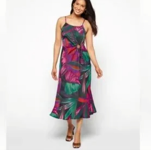FARM Rio Dresses & Skirts - Farm Rio Midnight Leaves Viscose Cut Out Dress Size Medium Satin Slip Tropical
